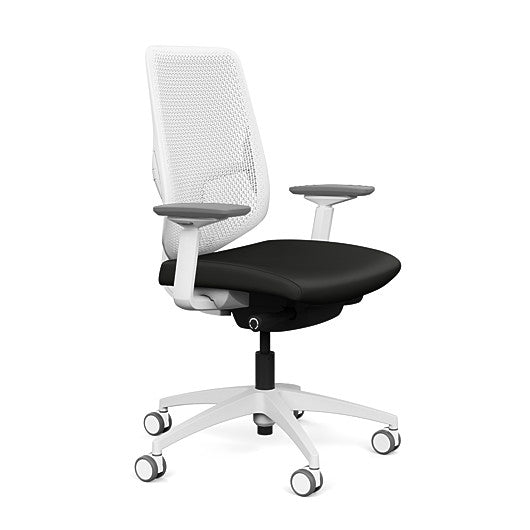 Side view of the Highback SitonIt Focus 2.0 Ergonomic Desk Chair in a white Polymer back, white frame, black vinyl fabric seat. Kansas City Office Design