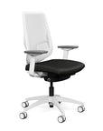 Side view of the Highback SitonIt Focus 2.0 Ergonomic Desk Chair in a white Polymer back, white frame, black vinyl fabric seat. Kansas City Office Design