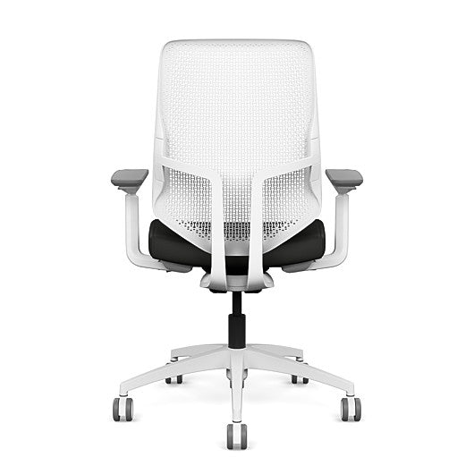 Back view of the Highback SitonIt Focus 2.0 Ergonomic Desk Chair in a white Polymer back, white frame, black vinyl fabric seat. Kansas City Office Design