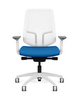 Front view of the Highback SitonIt Focus 2.0 Ergonomic Desk Chair in a white Polymer back, white frame, blue fabric seat. Kansas City Office Design