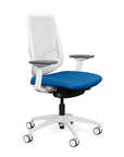 Side view of the Highback SitonIt Focus 2.0 Ergonomic Desk Chair in a white Polymer back, white frame, blue fabric seat. Kansas City Office Design