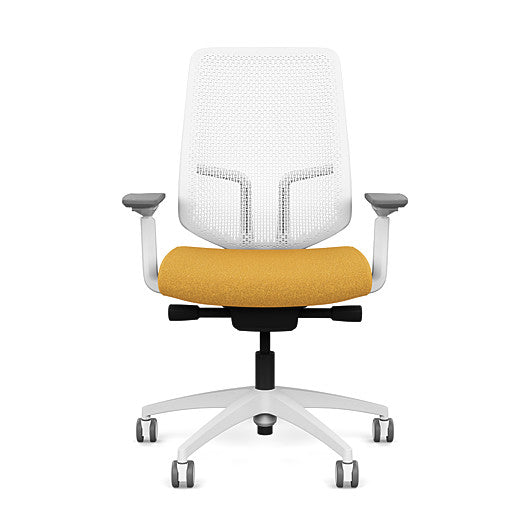 Front view of the Highback SitonIt Focus 2.0 Ergonomic Desk Chair in a white Polymer back, white frame, gold fabric seat. Kansas City Office Design