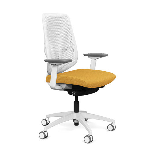 Side view of the Highback SitonIt Focus 2.0 Ergonomic Desk Chair in a white Polymer back, white frame, gold fabric seat. Kansas City Office Design
