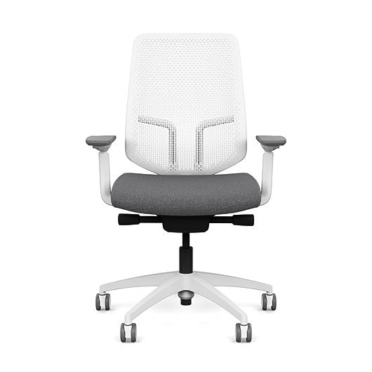 Front view of the Highback SitonIt Focus 2.0 Ergonomic Desk Chair in a white Polymer back, white frame, gray fabric seat. Kansas City Office Design