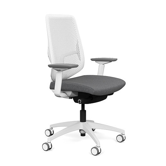 Side view of the Highback SitonIt Focus 2.0 Ergonomic Desk Chair in a white Polymer back, white frame, gray fabric seat. Kansas City Office Design