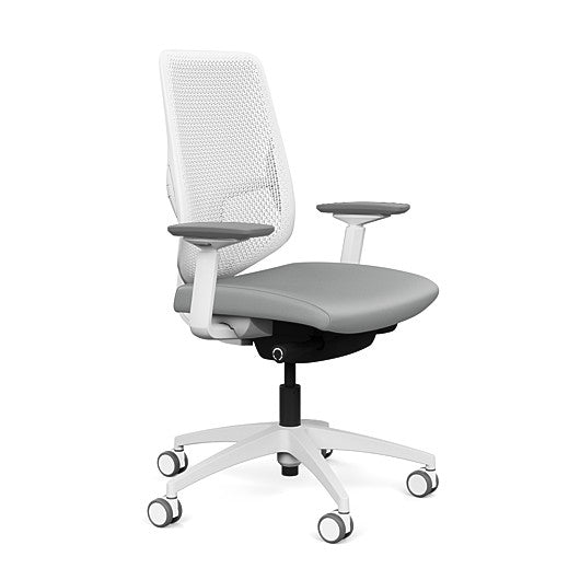 Side view of the Highback SitonIt Focus 2.0 Ergonomic Desk Chair in a white Polymer back, white frame, platinum vinyl fabric seat. Kansas City Office Design