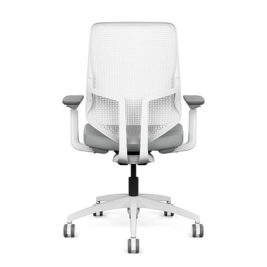 Back view of the Highback SitonIt Focus 2.0 Ergonomic Desk Chair in a white Polymer back, white frame, platinum vinyl fabric seat. Kansas City Office Design