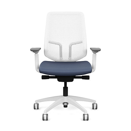 Front view of the Highback SitonIt Focus 2.0 Ergonomic Desk Chair in a white Polymer back, white frame, sapphire vinyl fabric seat. Kansas City Office Design