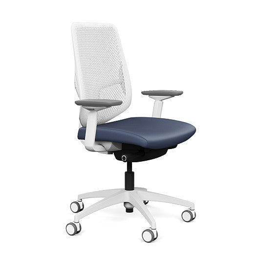 Side view of the Highback SitonIt Focus 2.0 Ergonomic Desk Chair in a white Polymer back, white frame, sapphire vinyl fabric seat. Kansas City Office Design