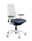 Side view of the Highback SitonIt Focus 2.0 Ergonomic Desk Chair in a white Polymer back, white frame, sapphire vinyl fabric seat. Kansas City Office Design