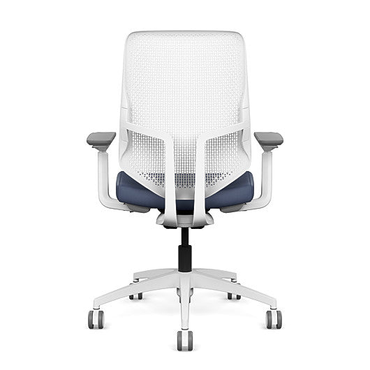 Back view of the Highback SitonIt Focus 2.0 Ergonomic Desk Chair in a white Polymer back, white frame, sapphire vinyl fabric seat. Kansas City Office Design