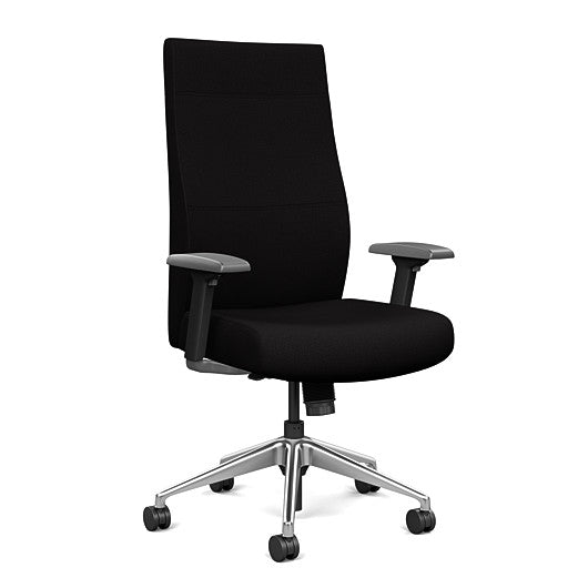 Front view of the SitOnIt Prava highback chair in brushed aluminum frame and black fabric. Kansas City Office Design