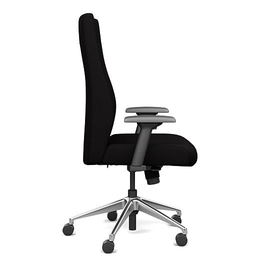 Side view of the SitOnIt Prava highback chair in brushed aluminum frame and black fabric. Kansas City Office Design