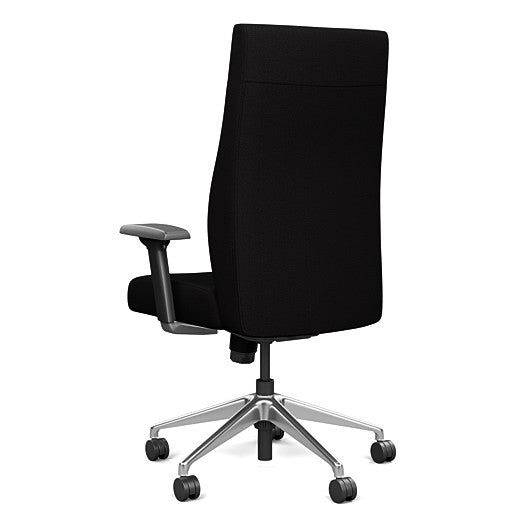 Back view of the SitOnIt Prava highback chair in brushed aluminum frame and black fabric. Kansas City Office Design