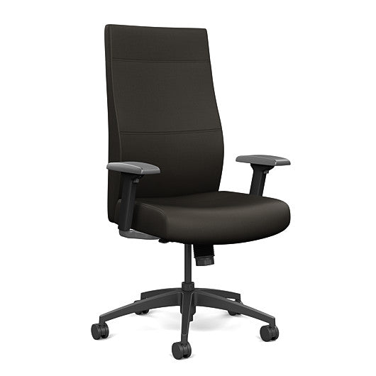 Front view of the SitOnIt Prava highback chair in black frame and black vinyl fabric. Kansas City Office Design