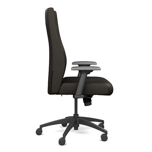 Side view of the SitOnIt Prava highback chair in black frame and black vinyl fabric. Kansas City Office Design