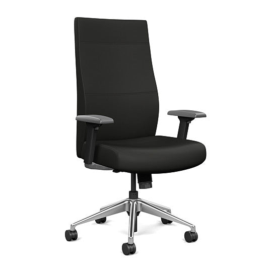 Front view of the SitOnIt Prava highback chair in brushed aluminum frame and black vinyl fabric. Kansas City Office Design