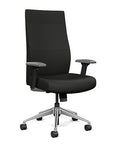 Front view of the SitOnIt Prava highback chair in brushed aluminum frame and black vinyl fabric. Kansas City Office Design