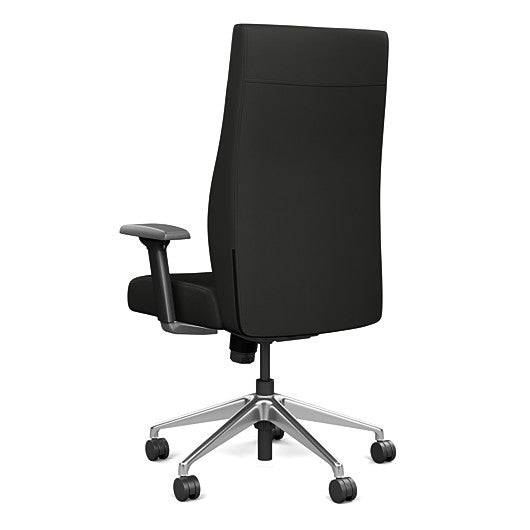 Back view of the SitOnIt Prava highback chair in brushed aluminum frame and black vinyl fabric. Kansas City Office Design