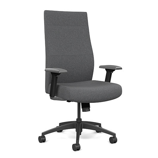 Front view of the SitOnIt Prava highback chair in black frame and gray fabric. Kansas City Office Design