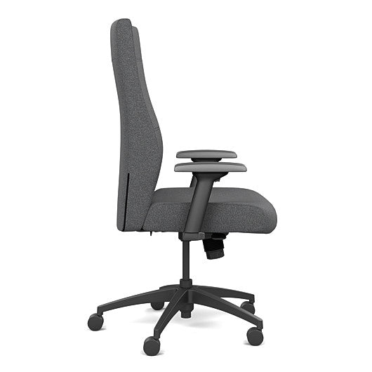 Side view of the SitOnIt Prava highback chair in black frame and gray fabric. Kansas City Office Design
