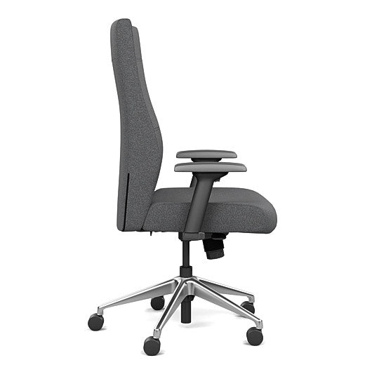 Side view of the SitOnIt Prava highback chair in brushed aluminum frame and gray fabric. Kansas City Office Design