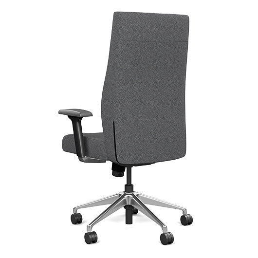 Back view of the SitOnIt Prava highback chair in brushed aluminum frame and gray fabric. Kansas City Office Design