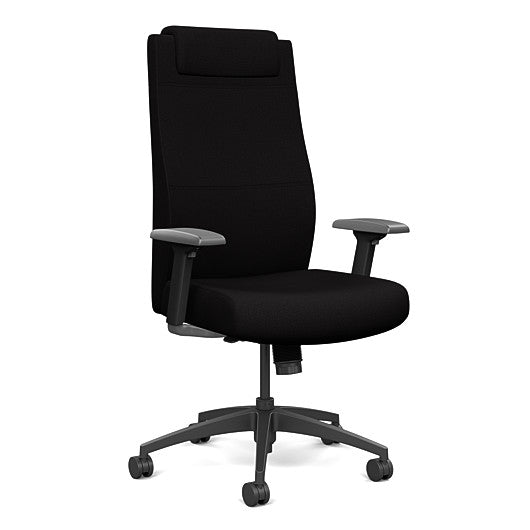 Front view of the SitOnIt Prava highback chair with a headrest in black frame and black fabric. Kansas City Office Design