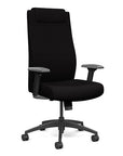 Front view of the SitOnIt Prava highback chair with a headrest in black frame and black fabric. Kansas City Office Design