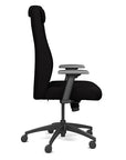 Side view of the SitOnIt Prava highback chair with a headrest in black frame and black fabric. Kansas City Office Design