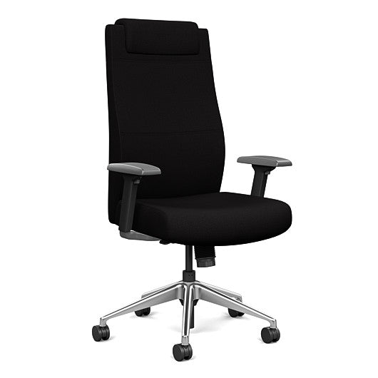 Front view of the SitOnIt Prava highback chair with a headrest in brushed aluminum frame and black fabric. Kansas City Office Design