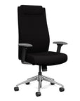 Front view of the SitOnIt Prava highback chair with a headrest in brushed aluminum frame and black fabric. Kansas City Office Design