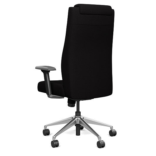 Back view of the SitOnIt Prava highback chair with a headrest in brushed aluminum frame and black fabric. Kansas City Office Design