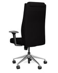 Back view of the SitOnIt Prava highback chair with a headrest in brushed aluminum frame and black fabric. Kansas City Office Design