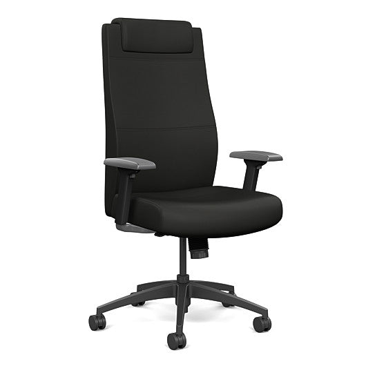 Front view of the SitOnIt Prava highback chair with a headrest in black frame and black vinyl fabric. Kansas City Office Design