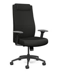 Front view of the SitOnIt Prava highback chair with a headrest in black frame and black vinyl fabric. Kansas City Office Design
