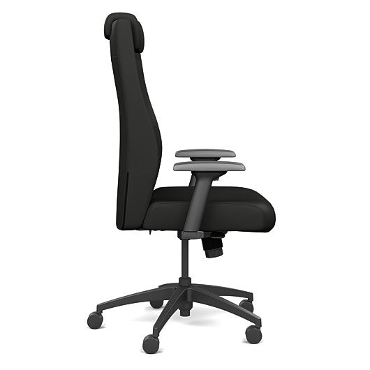 Back view of the SitOnIt Prava highback chair with a headrest in black frame and black vinyl fabric. Kansas City Office Design