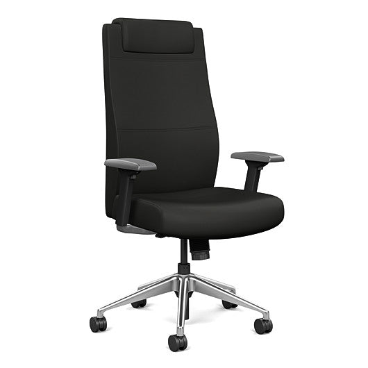 Front view of the SitOnIt Prava highback chair with a headrest in brushed aluminum frame and black vinyl fabric. Kansas City Office Design