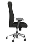 Side view of the SitOnIt Prava highback chair with a headrest in brushed aluminum frame and black vinyl fabric. Kansas City Office Design