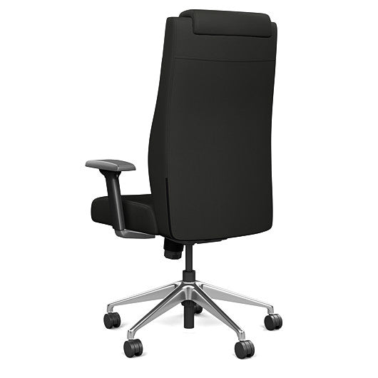 Back view of the SitOnIt Prava highback chair with a headrest in brushed aluminum frame and black vinyl fabric. Kansas City Office Design