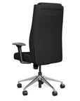 Back view of the SitOnIt Prava highback chair with a headrest in brushed aluminum frame and black vinyl fabric. Kansas City Office Design
