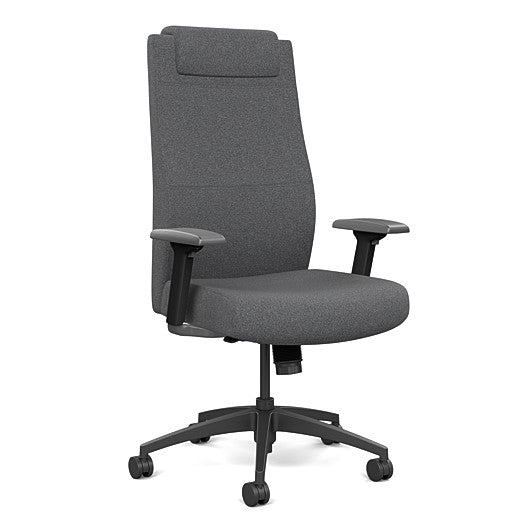 Front view of the SitOnIt Prava highback chair with a headrest in black frame and gray fabric. Kansas City Office Design
