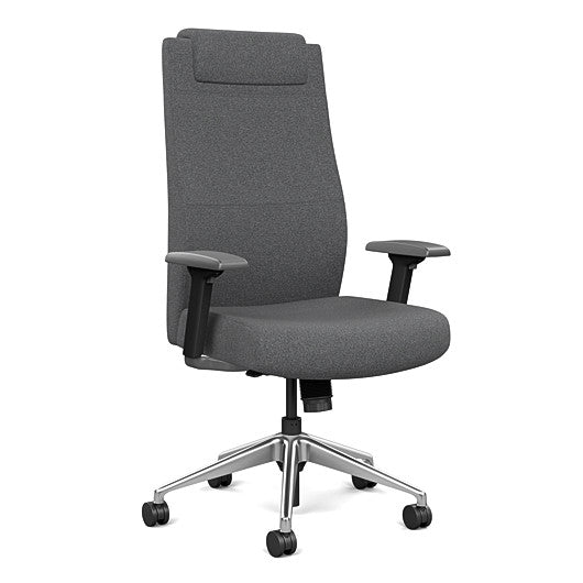 Front view of the SitOnIt Prava highback chair with a headrest in brushed aluminum frame and gray fabric. Kansas City Office Design