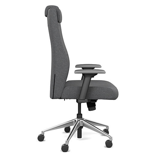 Side view of the SitOnIt Prava highback chair with a headrest in brushed aluminum frame and gray fabric. Kansas City Office Design