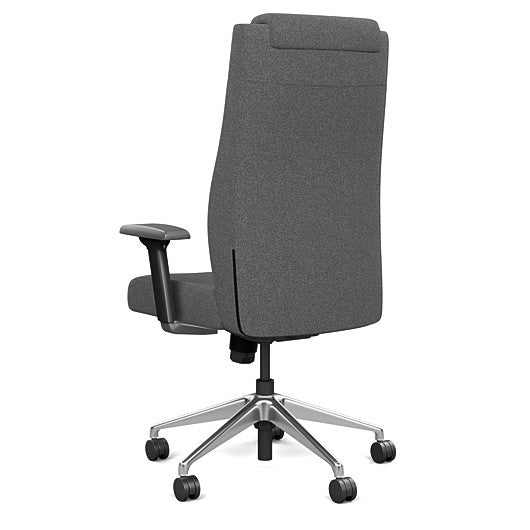 Back view of the SitOnIt Prava highback chair with a headrest in brushed aluminum frame and gray fabric. Kansas City Office Design