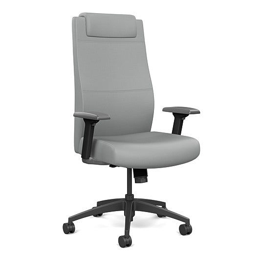 Front view of the SitOnIt Prava highback chair with a headrest in black frame and Platinum Vinyl fabric. Kansas City Office Design
