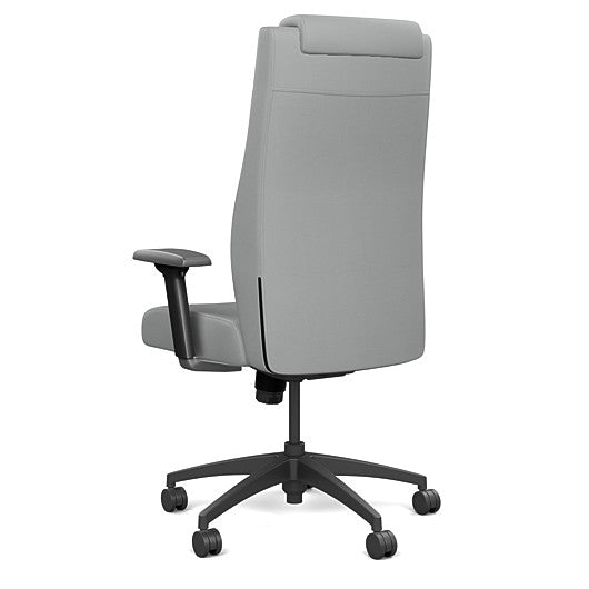 Back view of the SitOnIt Prava highback chair with a headrest in black frame and Platinum Vinyl fabric. Kansas City Office Design
