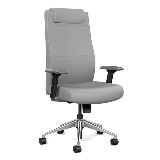 Front view of the SitOnIt Prava highback chair with a headrest in brushed aluminum frame and Platinum Vinyl fabric. Kansas City Office Design