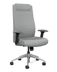 Front view of the SitOnIt Prava highback chair with a headrest in brushed aluminum frame and Platinum Vinyl fabric. Kansas City Office Design