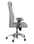 Side view of the SitOnIt Prava highback chair with a headrest in brushed aluminum frame and Platinum Vinyl fabric. Kansas City Office Design